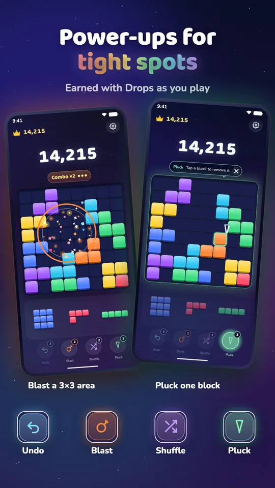 Power-ups for tight spots: a Blast shockwave, Pluck, and the four power-ups.