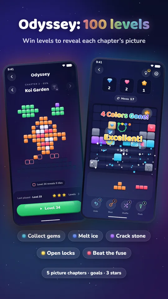 Odyssey: 100 levels. The Koi Garden mosaic map and a gem level mid-clear.