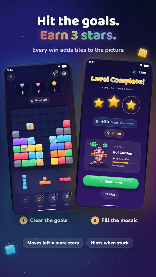 Hit the goals, earn 3 stars: a level with gems, ice and stone, then Level Complete.